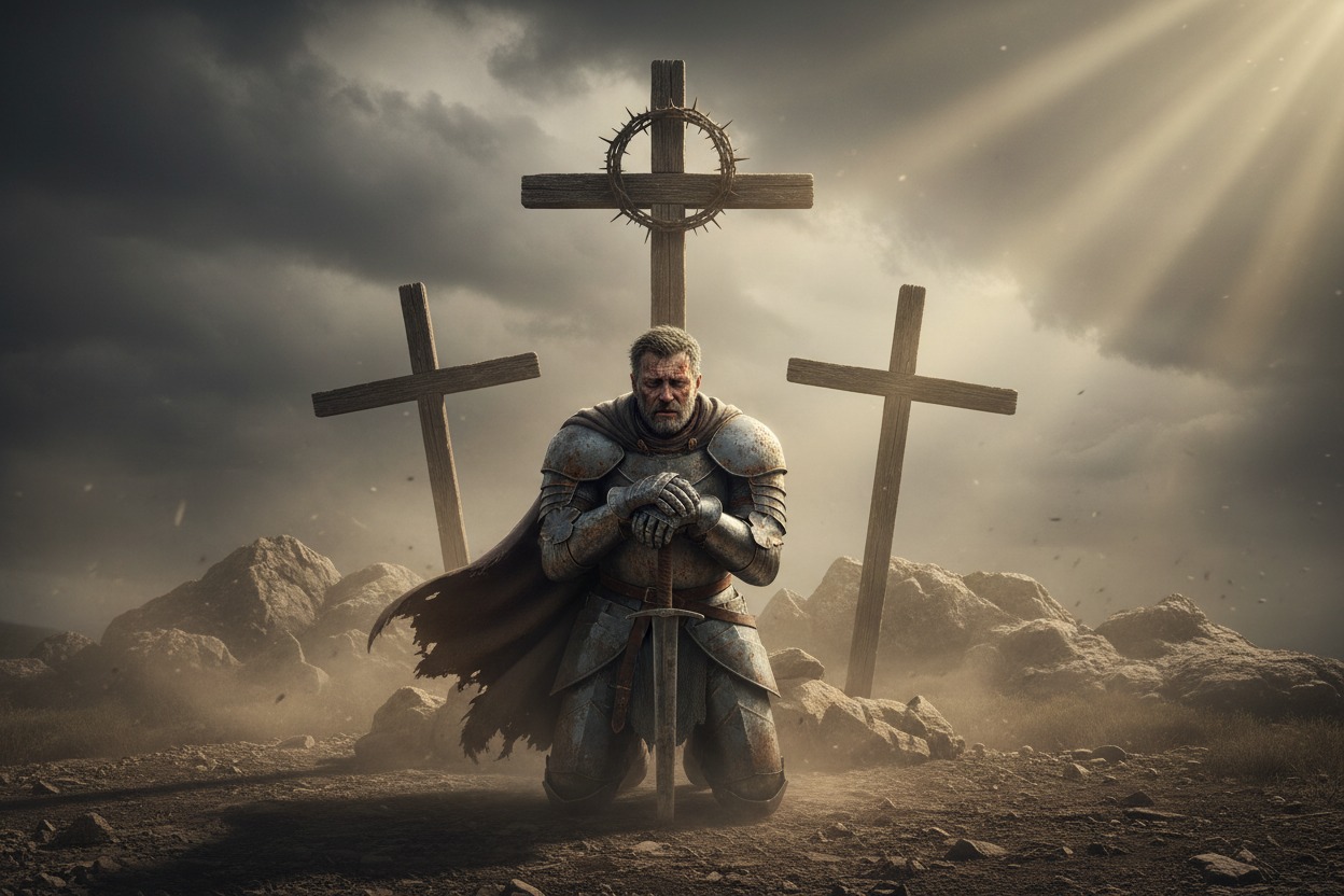 A weary knight in battered armor kneels with hands folded over a sword hilt in front of three wooden crosses under a stormy sky.